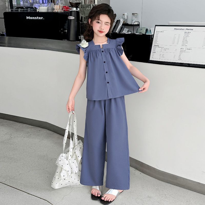 Denim Blue Ruffle Sleeveless Top &Wide leg pants Set -Stylish girls' outfit