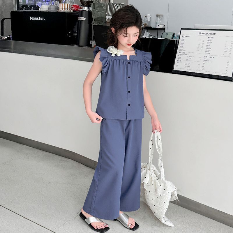 Denim Blue Ruffle Sleeveless Top &Wide leg pants Set -Stylish girls' outfit